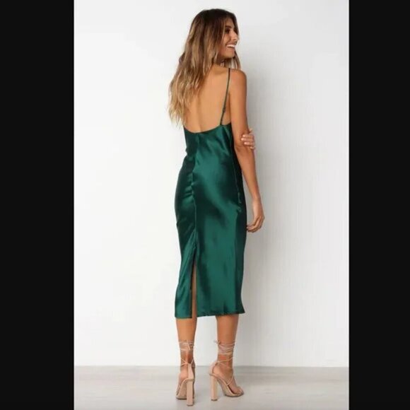Petal & Pup Persia Emerald Green Satin Midi Cowl Neck Slip Dress 4 - Picture 6 of 10